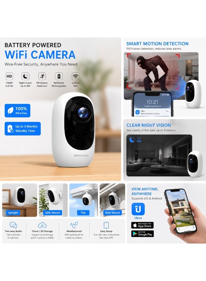 1080P Battery Powered WiFi Security Camera Outdoor Wireless IP CCTV Camera with HD Night Vision, AI Human Motion Detection, Two-Way Audio, Rechargeable Battery, IP65 Waterproof Design, Remote App Monitoring, SD Card Storage Support, Smart Home Surveillance Camera - Image 3