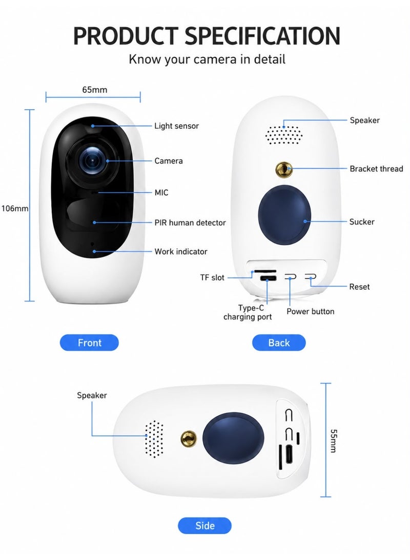 1080P Battery Powered WiFi Security Camera Outdoor Wireless IP CCTV Camera with HD Night Vision, AI Human Motion Detection, Two-Way Audio, Rechargeable Battery, IP65 Waterproof Design, Remote App Monitoring, SD Card Storage Support, Smart Home Surveillance Camera - Image 4