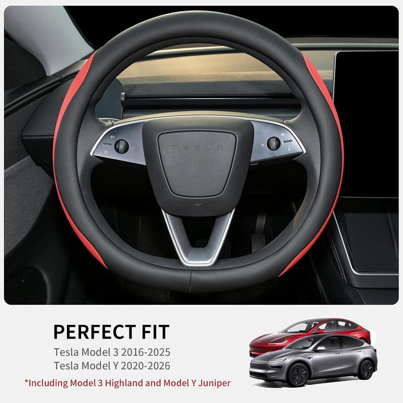 Uxcer غطاء عجلة قيادة من جلد نابا من شركة لطراز Tesla Model 3/Y (2016-2025)، مانع للانزلاق وقابل للتنفس، لون أحمر - Image 2