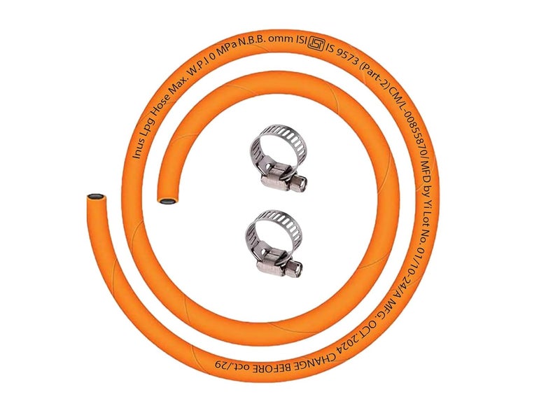 INUS Ready to Use Reinforced LPG Rubber Hose PipeLeak Proof, Made With Reinforced Steel Wire Flame Resistant Design Perfect for Gas Stove with Durable Clamp 1.5m - Image 1