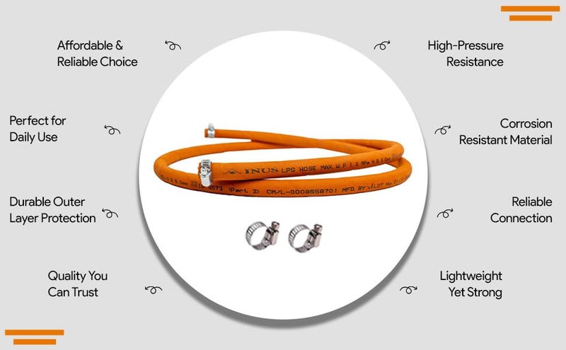 INUS Ready to Use Reinforced LPG Rubber Hose PipeLeak Proof, Made With Reinforced Steel Wire Flame Resistant Design Perfect for Gas Stove with Durable Clamp 1.5m - Image 5