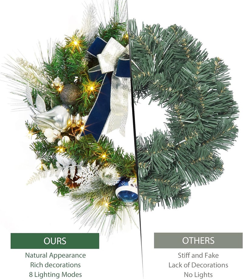 Fashionwu PreLit 24 Inch Lighted Christmas Wreath for Front Door Blue Silver Christmas Door Wreath Decoration with Ball Ornaments Bows Snowflake Battery Operated 30 LED Lights  - Image 5