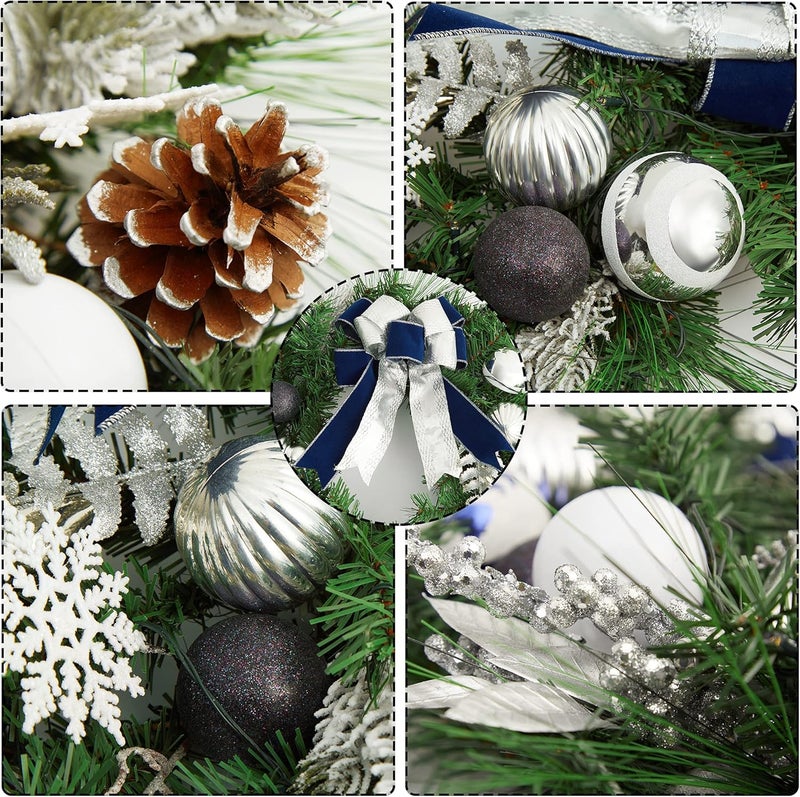 Fashionwu PreLit 24 Inch Lighted Christmas Wreath for Front Door Blue Silver Christmas Door Wreath Decoration with Ball Ornaments Bows Snowflake Battery Operated 30 LED Lights  - Image 4