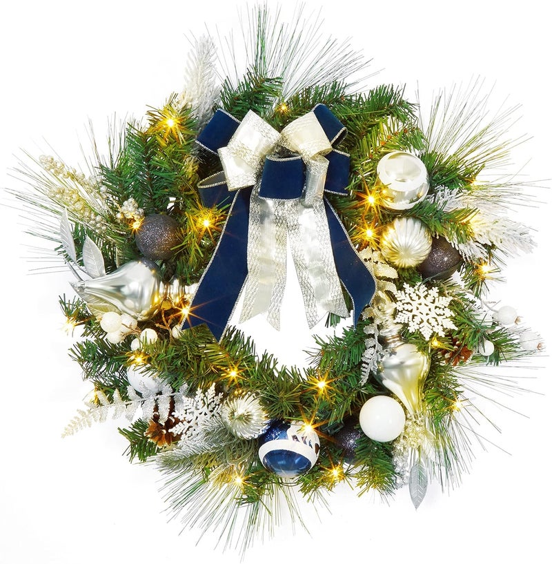 Fashionwu PreLit 24 Inch Lighted Christmas Wreath for Front Door Blue Silver Christmas Door Wreath Decoration with Ball Ornaments Bows Snowflake Battery Operated 30 LED Lights  - Image 1