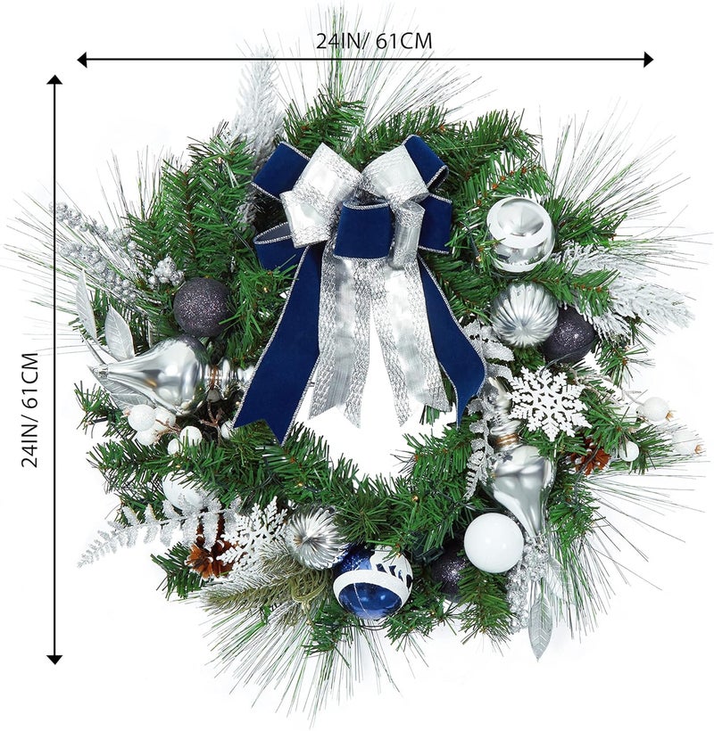 Fashionwu PreLit 24 Inch Lighted Christmas Wreath for Front Door Blue Silver Christmas Door Wreath Decoration with Ball Ornaments Bows Snowflake Battery Operated 30 LED Lights  - Image 3