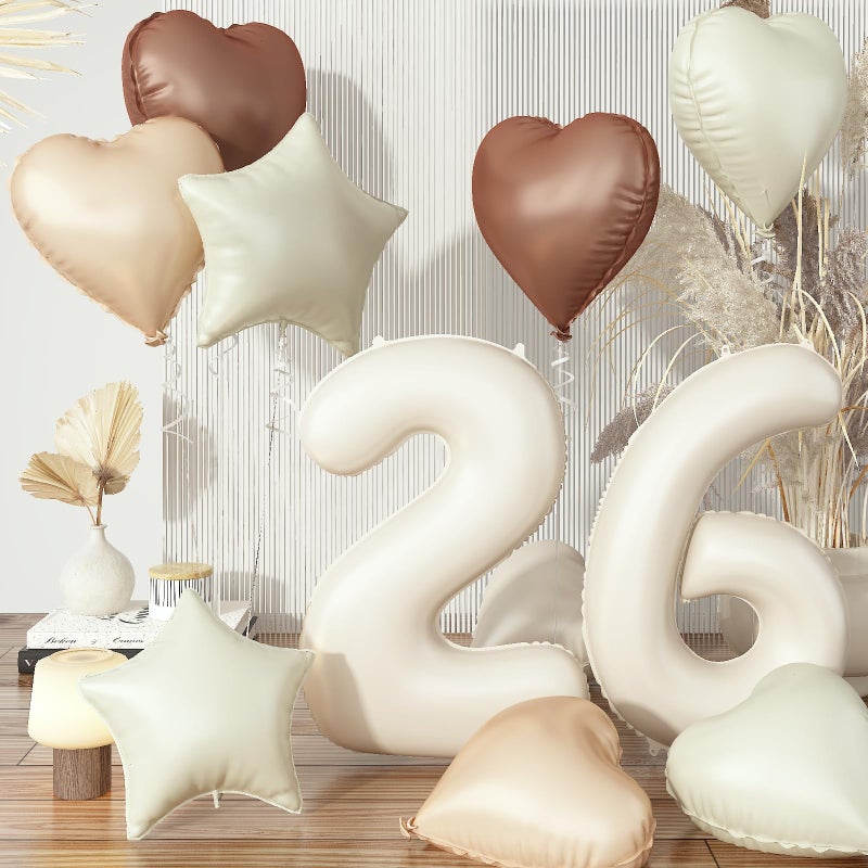 Govpy Cream 26 Balloons Decor, Beige Brown White Sand Foil Star Heart Balloon Decor, Large Helium Nude Tan Boho Neutral Number 26 Balloon for Women 26th Birthday Anniversary Party Decoration Supplies - Image 1