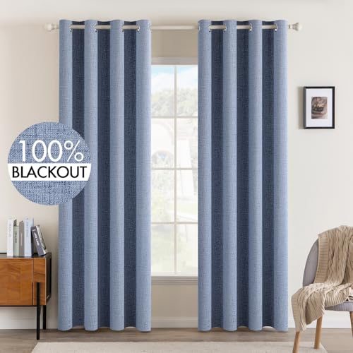 MIULEE Linen Texture Curtains for Bedroom Solid 100 Blackout Thermal Insulated Stone Blue Curtains Grommet Room Darkening Drapes Luxury Decor for Living Room Nursery 52x90 Inch 2 Panels