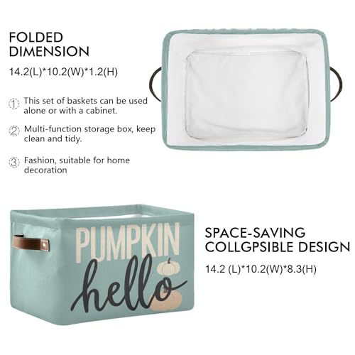 Wamika Hello Fall Pumpkin Turquoise Storage Basket with Waterproof Liner and PU Handles Autumn Aqua Blue Storage Bins Boxes 142 Collapsible Decorative Organizer Baskets for Bedroom Closet Office 1 Pack - Image 3