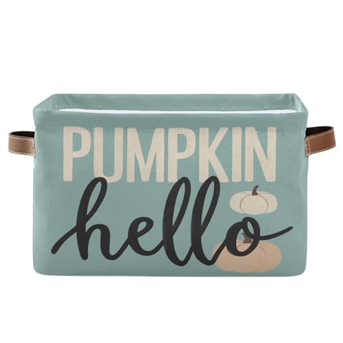 Wamika Hello Fall Pumpkin Turquoise Storage Basket with Waterproof Liner and PU Handles Autumn Aqua Blue Storage Bins Boxes 142 Collapsible Decorative Organizer Baskets for Bedroom Closet Office 1 Pack - Image 1