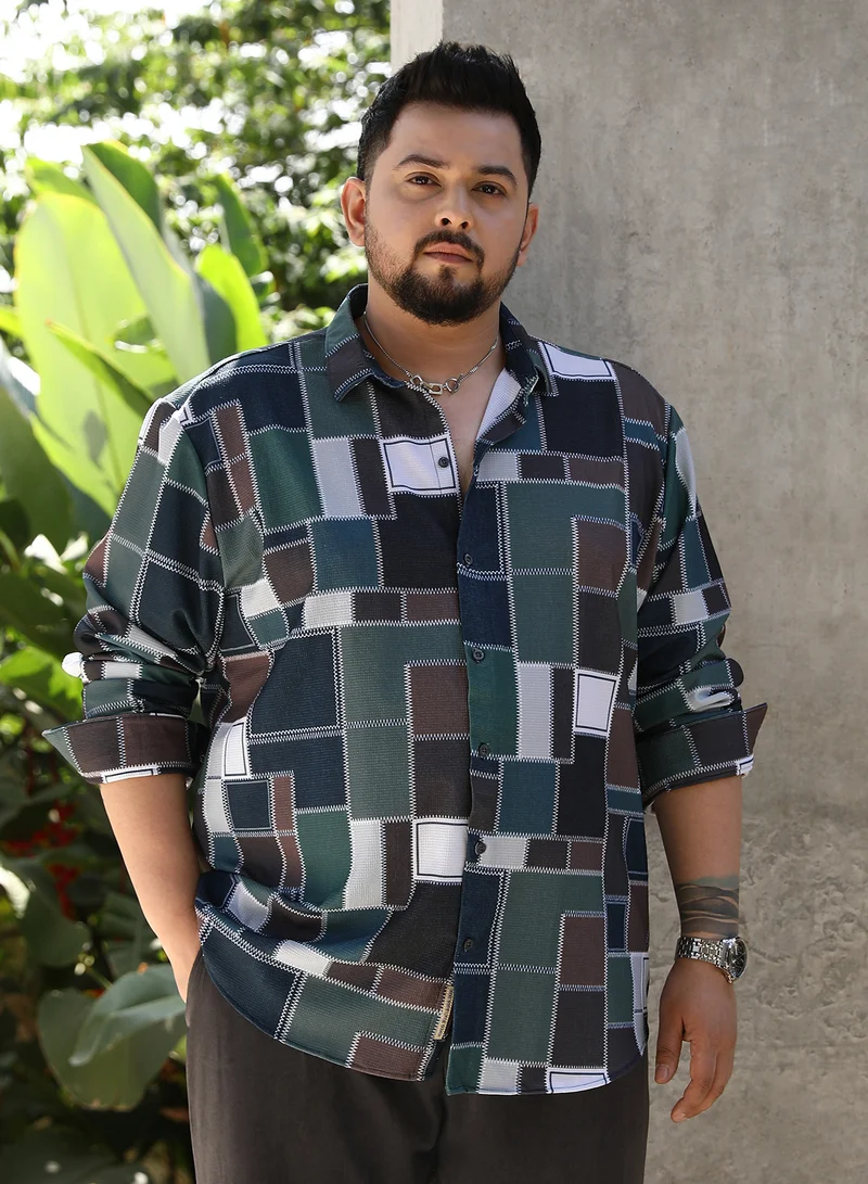 Instafab Plus Instafab Plus Men's Green & Brown Patch-Stitch Imprint Shirt For Casual Wear | Spread Collar | Long Sleeves | Button Closure | Plus Size Shirt Crafted With Comfort Fit For Everyday Wear