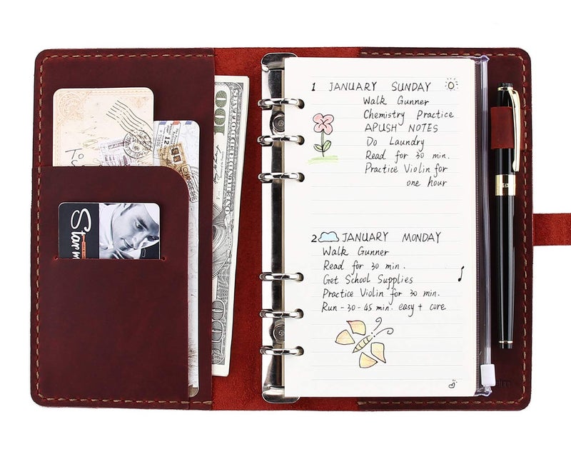 Genuine Leather Journal Writing Notebook, A6 Ring Binder Refillable Diary Notepads, Vintage Handmade Travel Organizer Agenda for Men Women - Wine