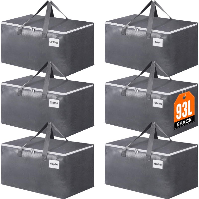 BlissTotes Large Moving Bags, Storage Bags with Zippers, Handles Moving Supplies with lids, Heavy Duty Totes for Storage Bags for Space Saving, Moving and Storing 93L, 6 Pack - Image 1