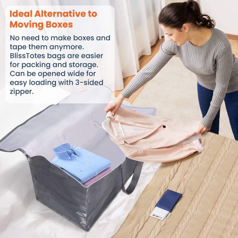BlissTotes Large Moving Bags, Storage Bags with Zippers, Handles Moving Supplies with lids, Heavy Duty Totes for Storage Bags for Space Saving, Moving and Storing 93L, 6 Pack - Image 4