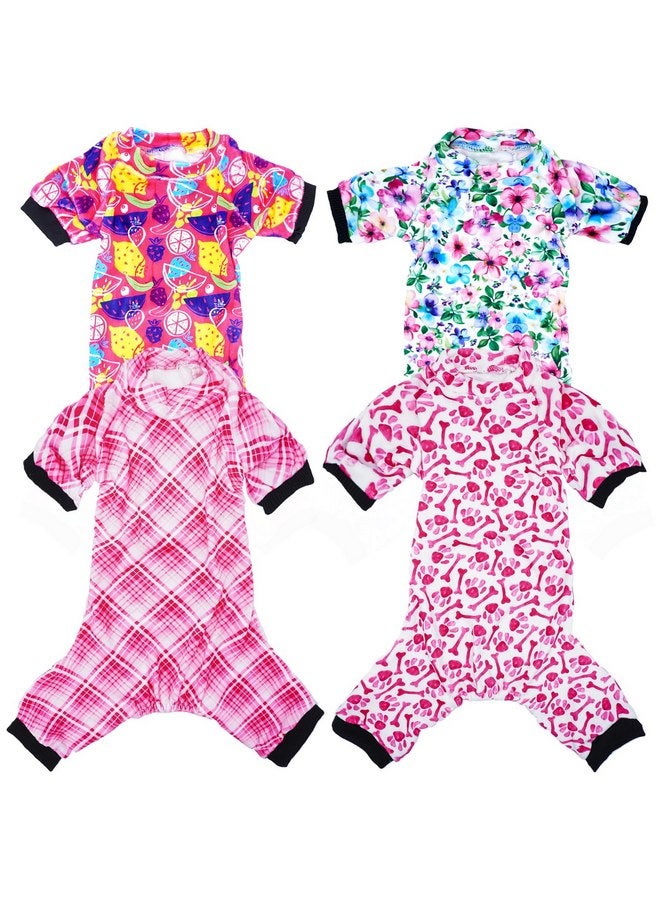 PET SHOW 4 Pack Small Dog Pajamas Cute Paw Bone Clothes for Medium Dogs Soft Stretchy PJs Plaid Jumpsuit Puppy Cats Floral Fruits Onesies Outfits with Sleeve Pets Dachshund Costume(S, Pink for Girls) - Image 1