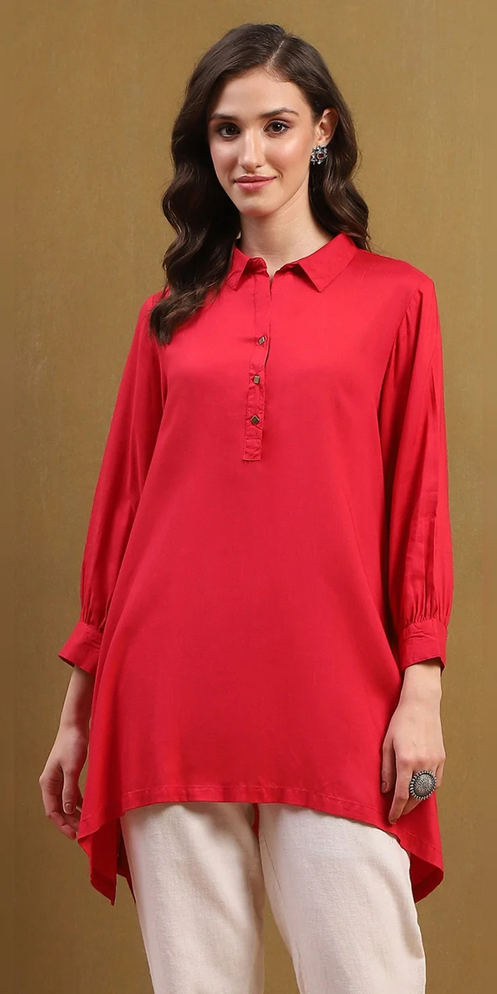 Biba  Women Tomato Red Solid Asymmetric Short Kurta  | Best Price UAE