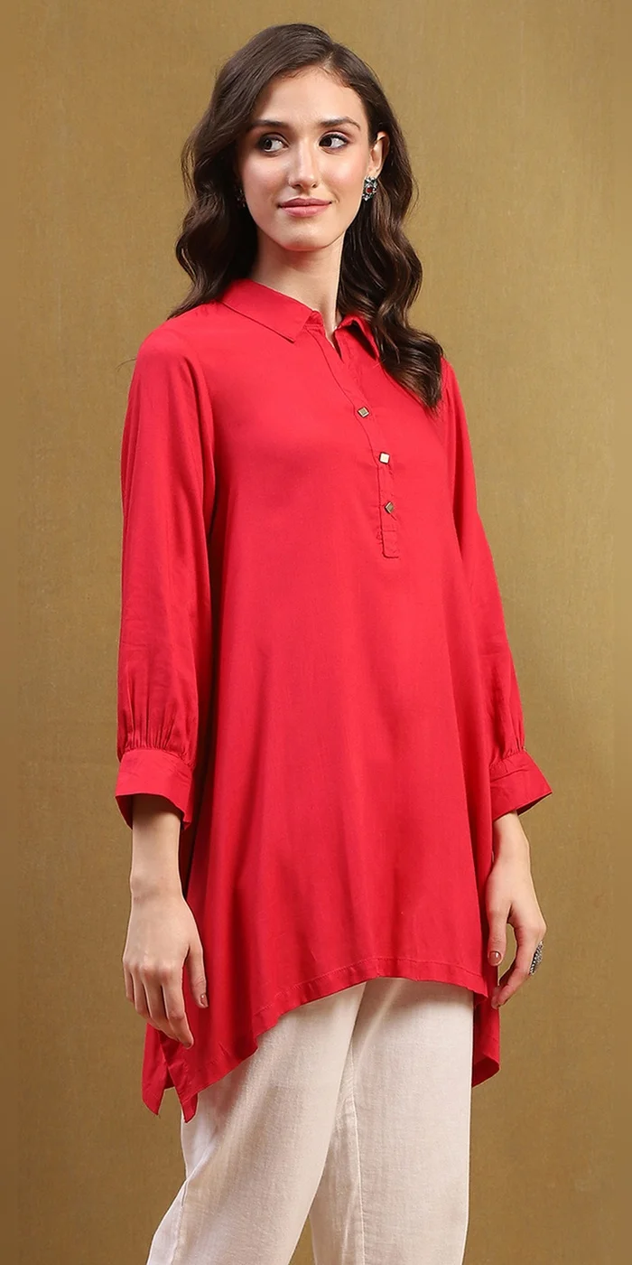 Biba  Women Tomato Red Solid Asymmetric Short Kurta  | Best Price UAE