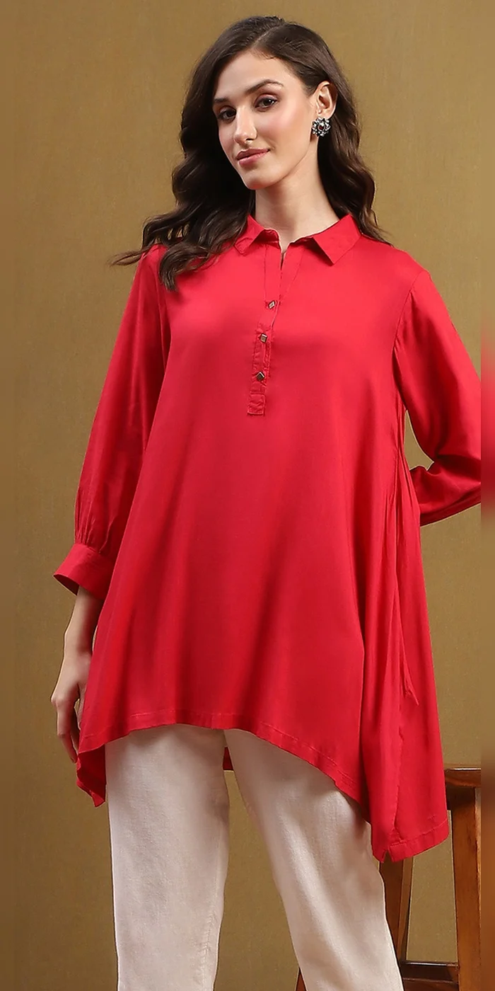 Women Tomato Red Solid Asymmetric Short Kurta