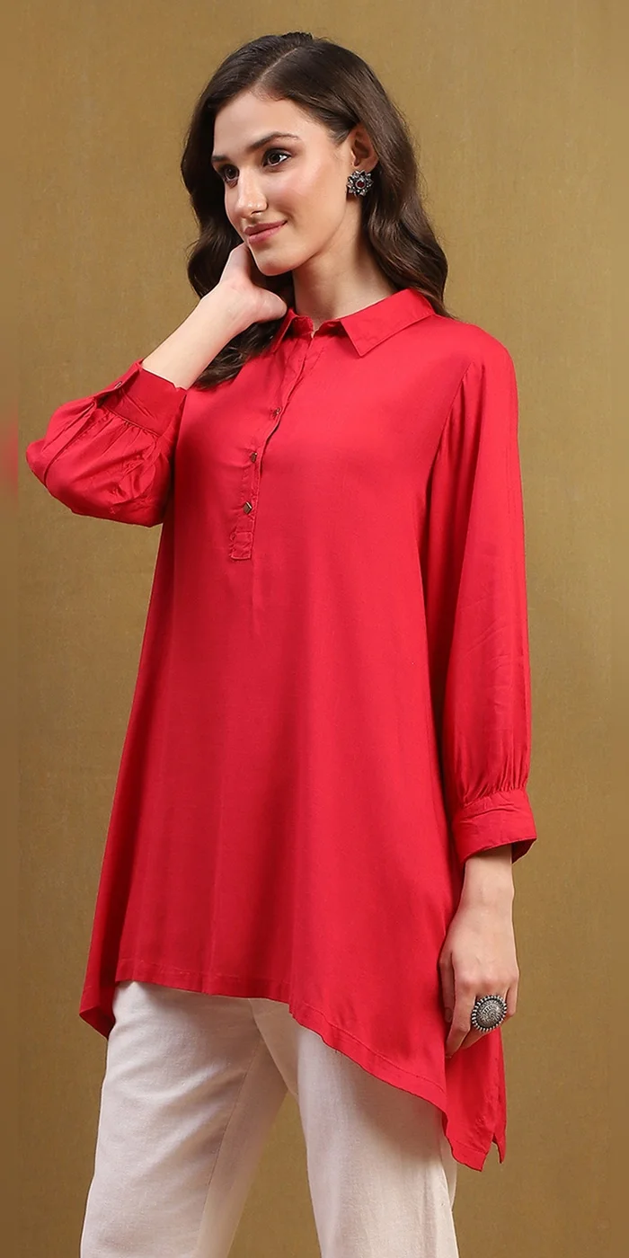 Biba  Women Tomato Red Solid Asymmetric Short Kurta  | Best Price UAE