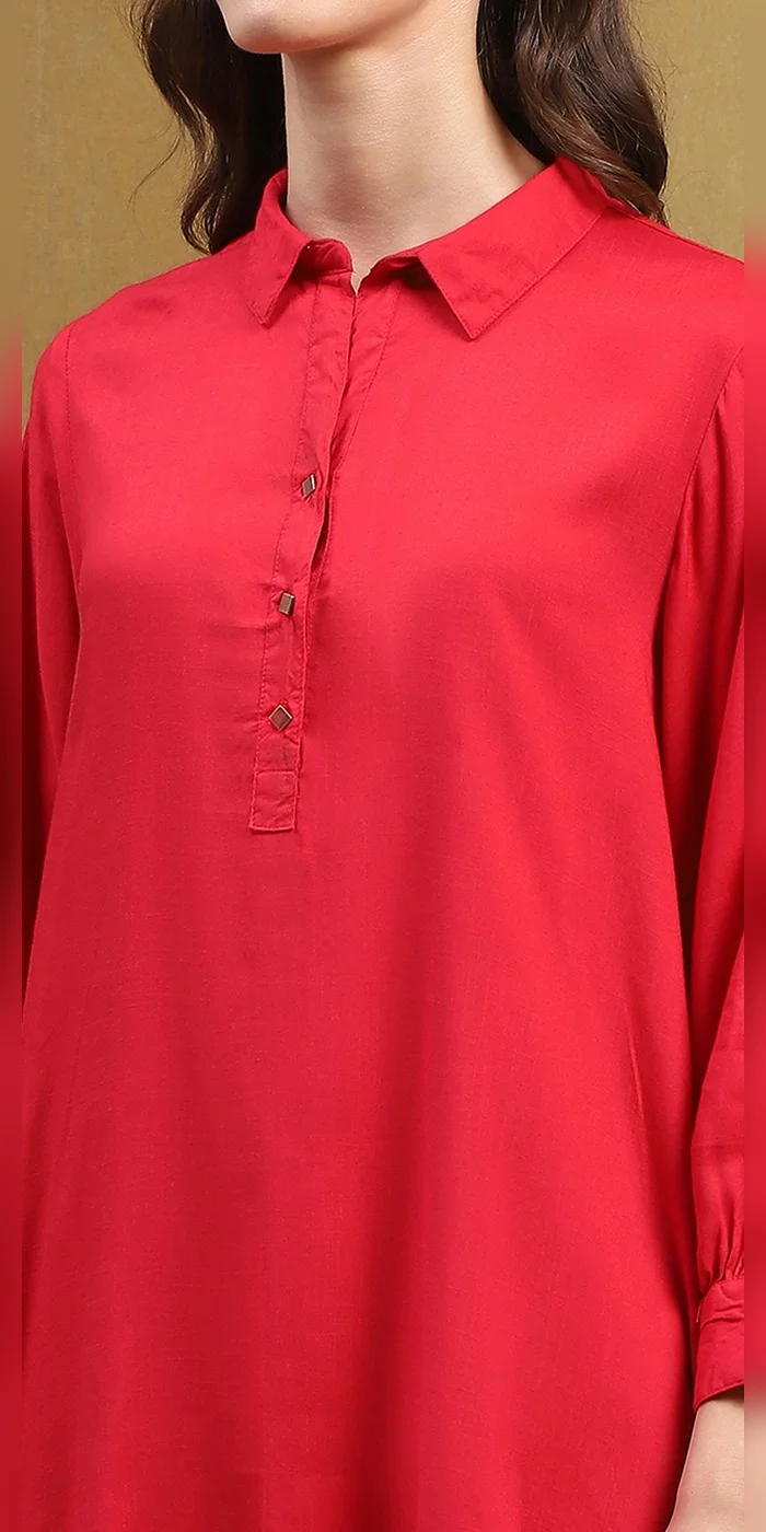 Biba  Women Tomato Red Solid Asymmetric Short Kurta  | Best Price UAE