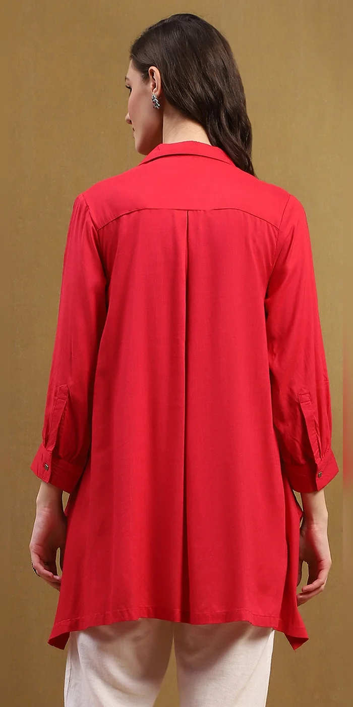 Biba  Women Tomato Red Solid Asymmetric Short Kurta  | Best Price UAE