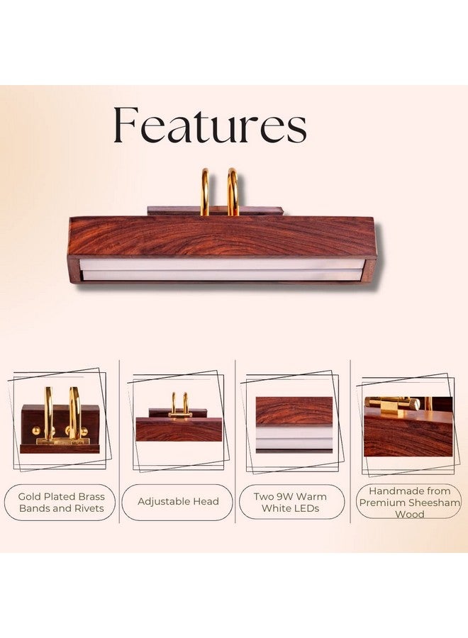 Green House 100% Handmade Sheesham Wood Picture Light/9W+9W Two Inbuilt LED/Warm White/1 Feet Wide/Gold Plated Bands/Brass Moving Set/RivetsHome/Office Decor - Rosewood - Image 3