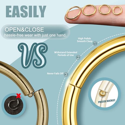 Jstyle 8 Pcs 16G 316L Surgical Steel Gold Nose Ring Hoops Septum Rings Lip Rings Hypoallergenic Nose Clicker Ring Tragus Helix Cartilage Daith Rook Sleeper Earring Body Piercing Jewerly for Women Men - Image 2