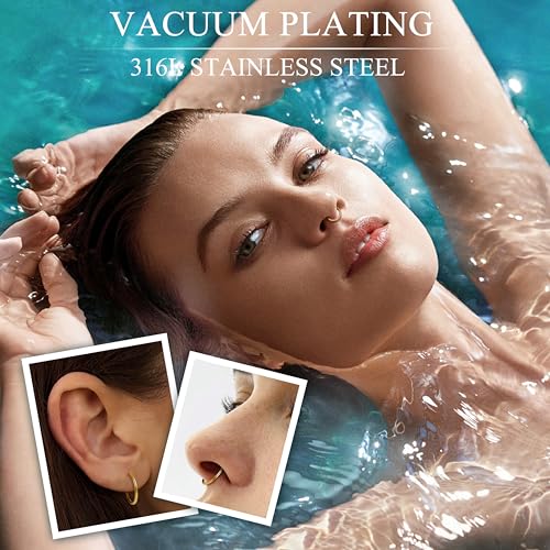 Jstyle 8 Pcs 16G 316L Surgical Steel Gold Nose Ring Hoops Septum Rings Lip Rings Hypoallergenic Nose Clicker Ring Tragus Helix Cartilage Daith Rook Sleeper Earring Body Piercing Jewerly for Women Men - Image 3