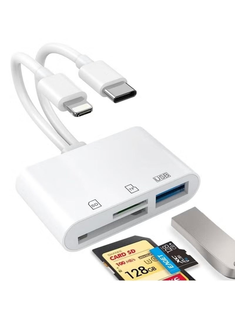 محول قارئ بطاقات SD ثنائي الوظائف (USB-C و Lightning)، قارئ بطاقات ذاكرة OTG عالي السرعة مع منفذ USB 3.0، وفتحة لبطاقات SD/TF لأجهزة iPhone 15/16/17 و iPad و MacBook و Samsung و Android، نقل بيانات فوري وسهل. - Image 1