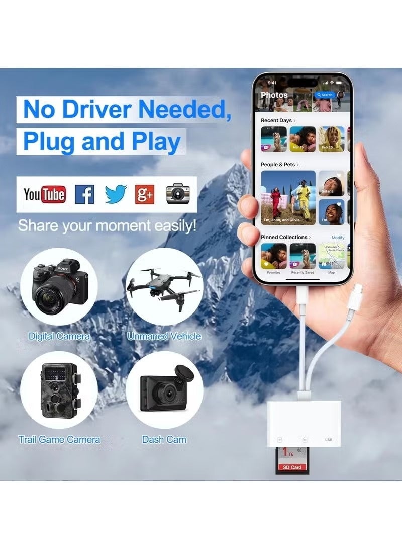 محول قارئ بطاقات SD ثنائي الوظائف (USB-C و Lightning)، قارئ بطاقات ذاكرة OTG عالي السرعة مع منفذ USB 3.0، وفتحة لبطاقات SD/TF لأجهزة iPhone 15/16/17 و iPad و MacBook و Samsung و Android، نقل بيانات فوري وسهل. - Image 5