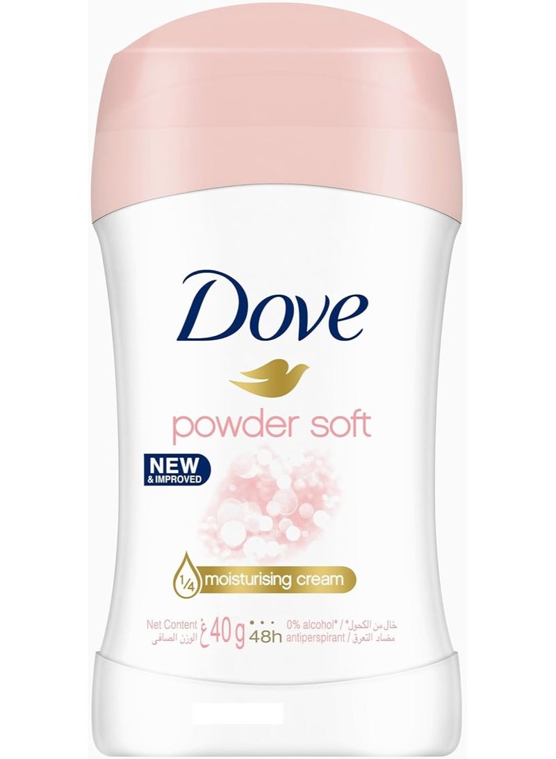 Dove Antiperspirant Deodorant Stick, for 48 hour protection, Powder Soft, alcohol free 40gm - Image 1