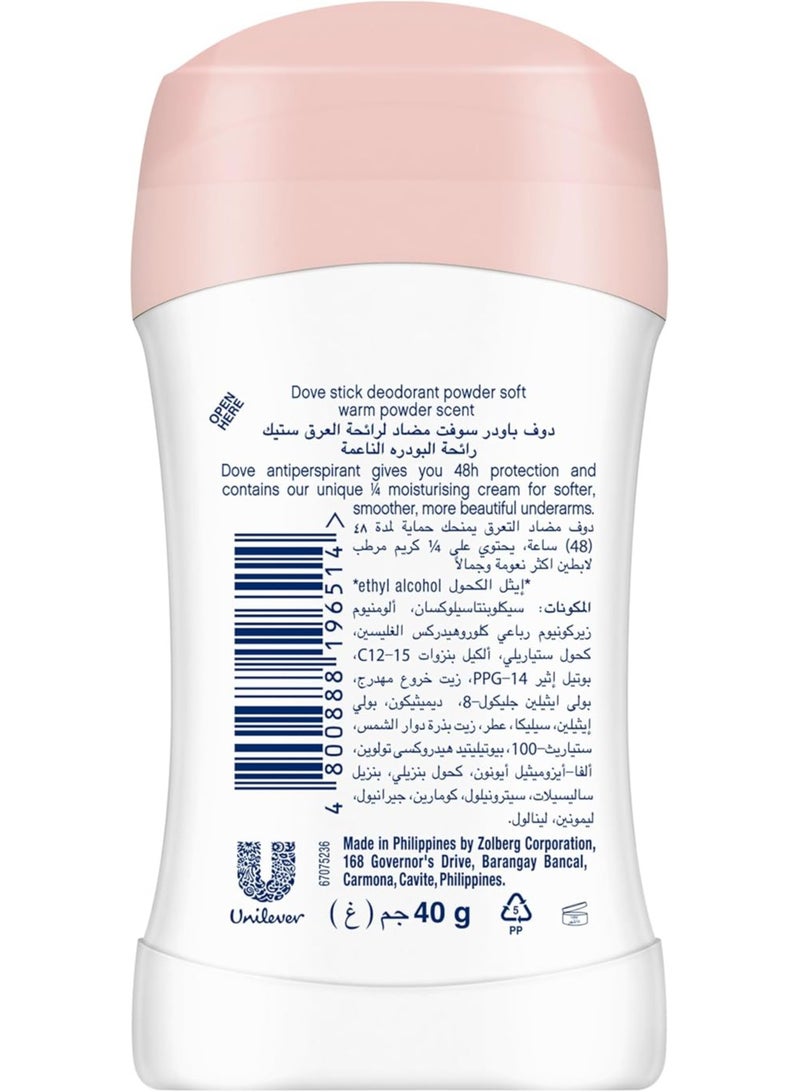Dove Antiperspirant Deodorant Stick, for 48 hour protection, Powder Soft, alcohol free 40gm - Image 2
