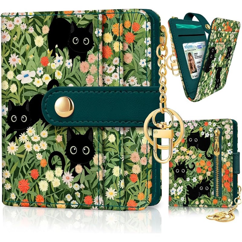 Jogjam Rfid Women Wallet, Small Slim Thin Credit Card Wallet, PU Leather Bifold Cash Zipper Coin Pocket ID Window, for Female Ladies Teen Girls Girly Gifts, Black Cat Floral, Small, Modern - Image 1