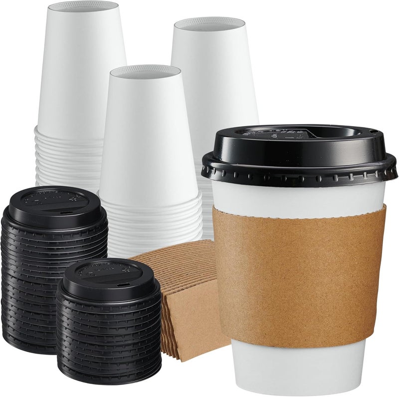Gusto Comfy Package [100 Sets - 12 oz. Disposable Coffee Cups with Lids, Sleeves, Stirrers - To Go Paper Hot Cups - Image 1