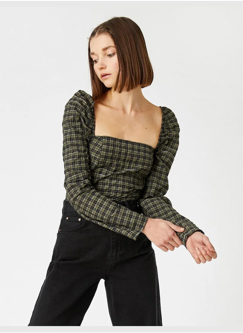 KOTON U Neck Balloon Sleeve Check Blouse