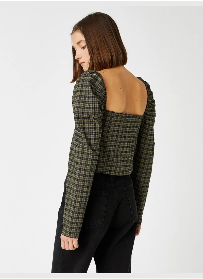 KOTON U Neck Balloon Sleeve Check Blouse