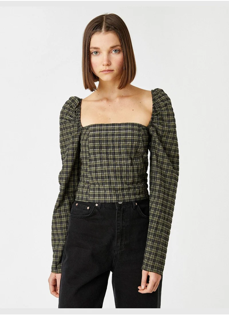 KOTON U Neck Balloon Sleeve Check Blouse