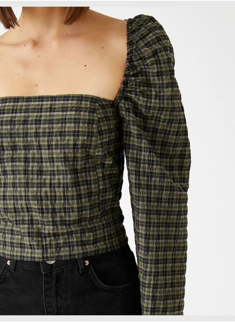 KOTON U Neck Balloon Sleeve Check Blouse