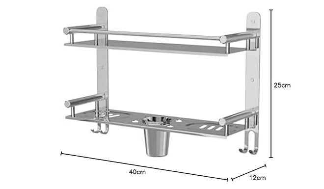 Filox Stainless Steel Wall-Mounted Bathroom Storage Rack, 2-Tier Shelf with Hooks and Toothbrush Holder | Kitchen Stand | Bathroom Accessories - Image 3