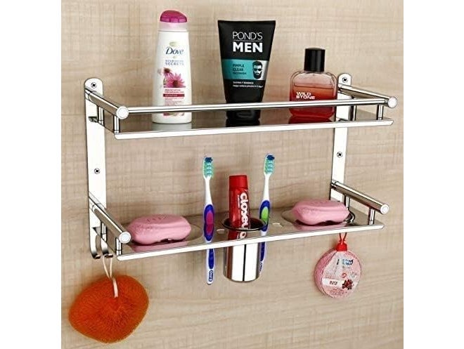 Filox Stainless Steel Wall-Mounted Bathroom Storage Rack, 2-Tier Shelf with Hooks and Toothbrush Holder | Kitchen Stand | Bathroom Accessories - Image 2