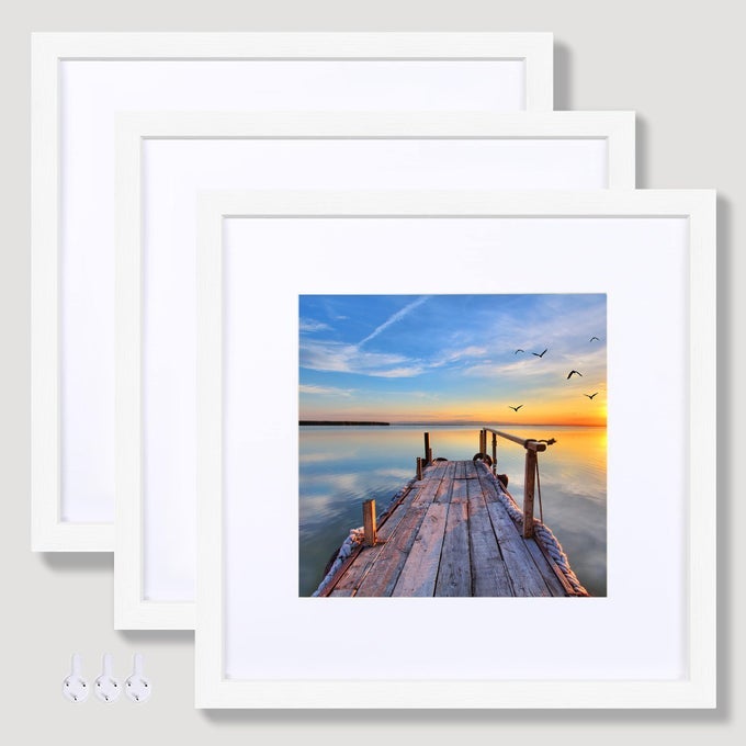 12X12 WHITE PICTURE FRAME SET OF 3 MADE OF REAL GLASS AND WOODEN SQUARE PHOTO FRAME DISPLAYS PICTURE 8X8 WITH MAT OR 12 X 12 WITHOUT MAT DESKTOP WALL COLLAGE PHOTO FRAME
