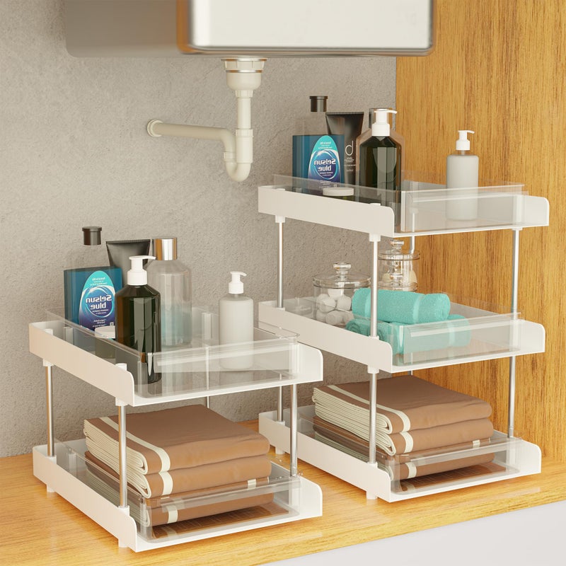 Kuber Industries Kuber Industries 2 Pcs Clear Sliding 2 & 3-Tier Makeup Drawer Storage Organizer BoxStand | Cosmetic Storage Box for Women | Dressing Table Organiser for Jewellry, Skincare & Perfume | White  - Image 1