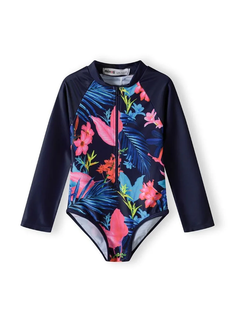 MINOTI Girls' Long Sleeve Tropical Swimsuit – Zip Front UV Protection
