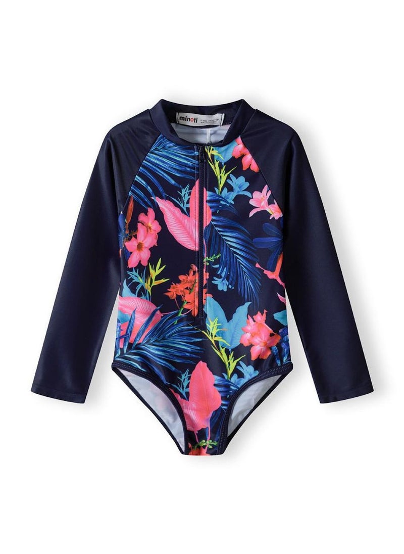 MINOTI Girls' Long Sleeve Tropical Swimsuit – Zip Front UV Protection  - Image 1