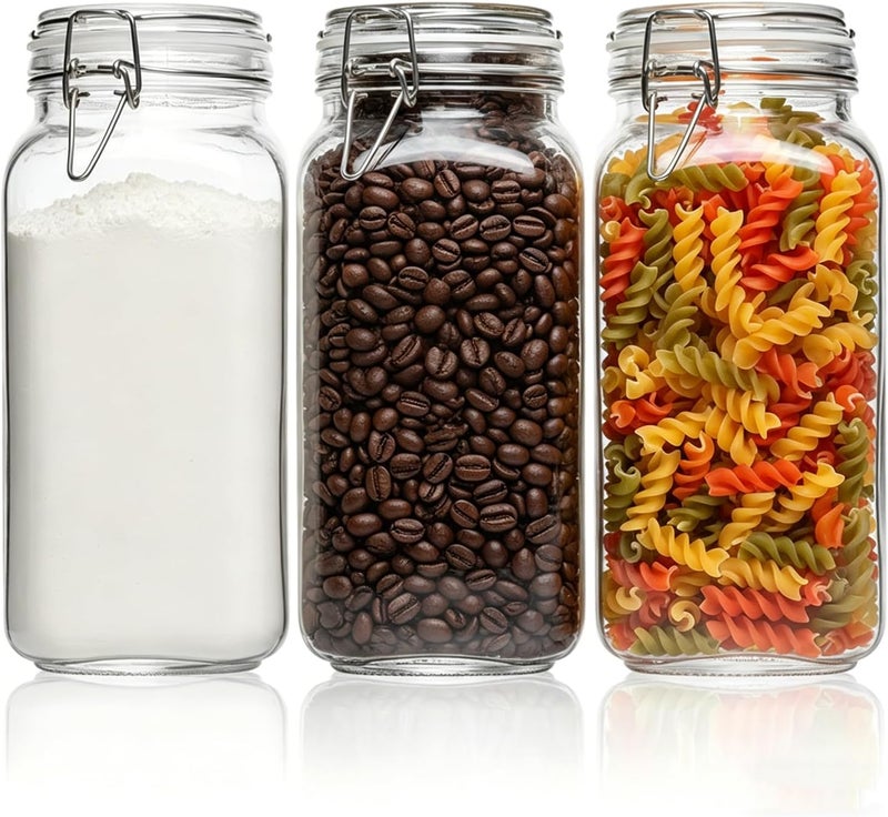 ComSaf 3-Pack 78oz Large Square Airtight Glass Jars for Bulk Food, Holds a 4lb Bag of Sugar or 5lb of Rice, Wide Mouth Canister for Flour, Coffee & Pantry Organization - Image 1