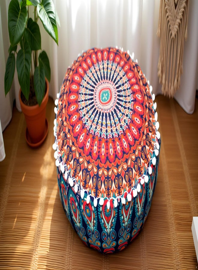 CRAFT KALA Large Hippie Mandala Meditation Floor Ottoman Pillow Cushion Pouf Cover Square Poufs Bohemian Circle Floor Cushion Case Outdoor Fireplace Yoga Living Room Decor Cover Orange, 16" Round - Image 4
