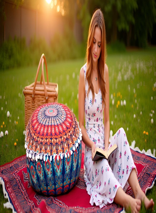 CRAFT KALA Large Hippie Mandala Meditation Floor Ottoman Pillow Cushion Pouf Cover Square Poufs Bohemian Circle Floor Cushion Case Outdoor Fireplace Yoga Living Room Decor Cover Orange, 16" Round - Image 3