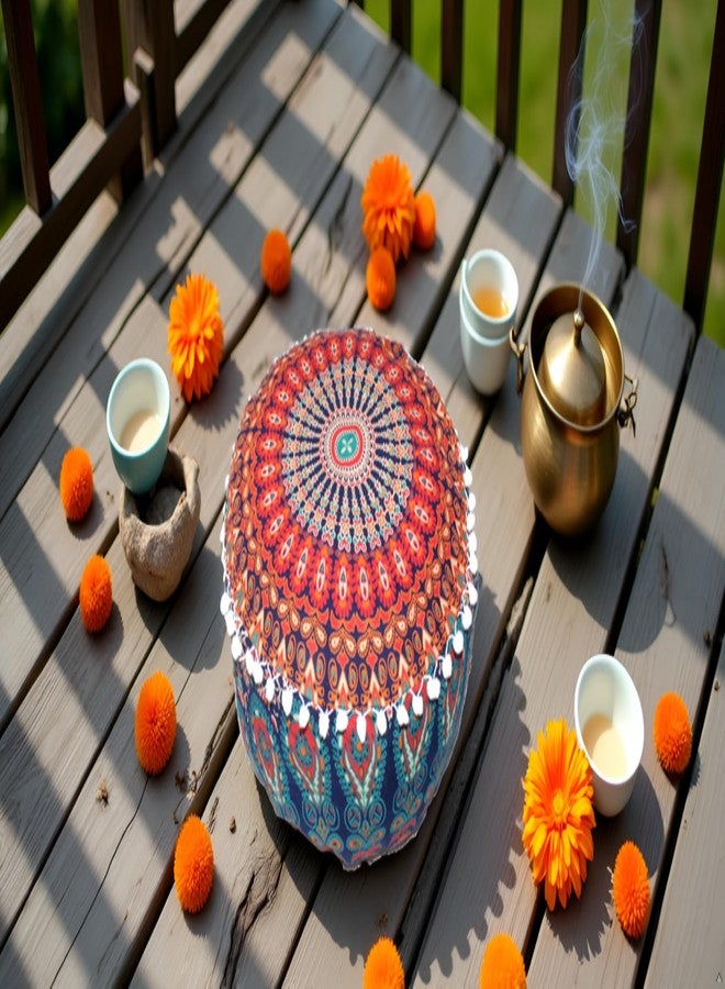 CRAFT KALA Large Hippie Mandala Meditation Floor Ottoman Pillow Cushion Pouf Cover Square Poufs Bohemian Circle Floor Cushion Case Outdoor Fireplace Yoga Living Room Decor Cover Orange, 16" Round - Image 2