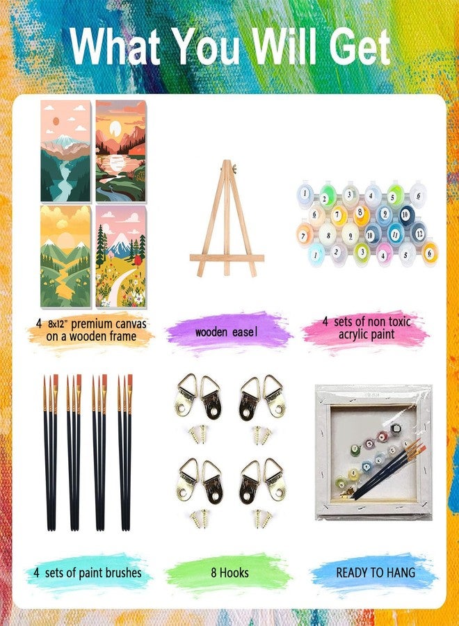 xackcme 4 Pack Paint by Numbers for Adults with Framed Canvas - with Wooden Easel, Landscape Paint by Number for Beginners, Easy Acrylic Oil Painting Kits with Brushes for Home Wall Decor (8x12 inch) - Image 4