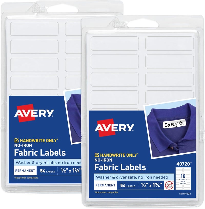 AVERY No Iron Fabric Labels, 0.5” x 1.75”, Matte White, Handwrite Only, 2 Pack, 108 Labels Total (32130) - Image 1