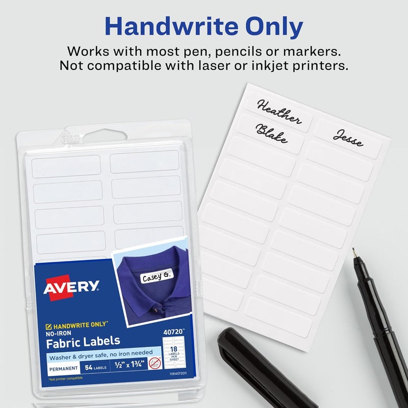 AVERY No Iron Fabric Labels, 0.5” x 1.75”, Matte White, Handwrite Only, 2 Pack, 108 Labels Total (32130) - Image 4